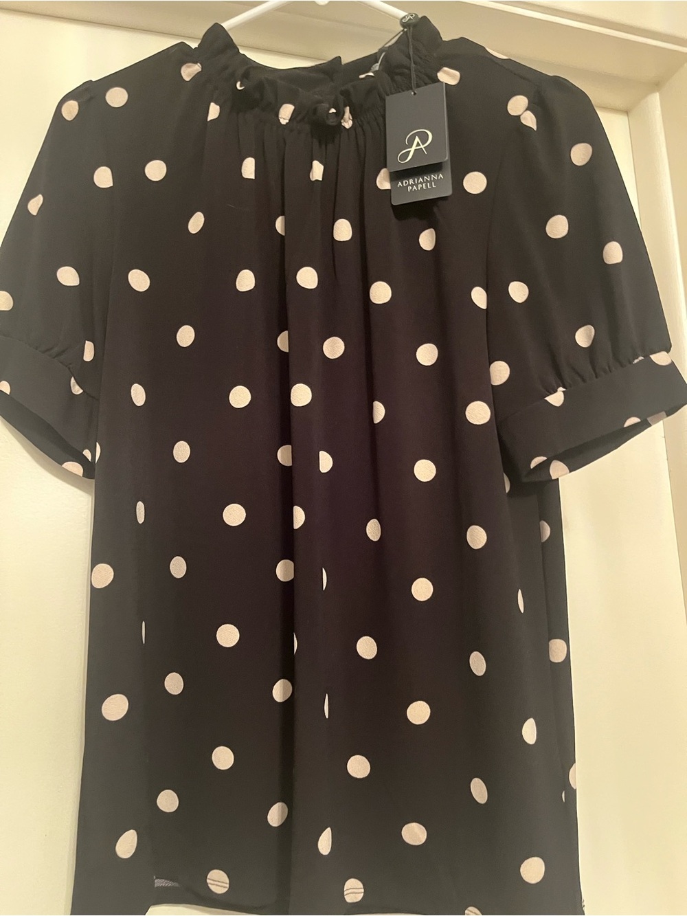 Adrianna Papell Black Shirt with Cream Polka Dots NWT